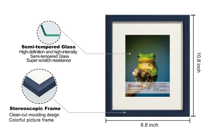 VIOLABBEY 8x10 Picture Frames Set of 4, Fits 5x7 Photo Frame with Ivory Mat or 8x10 Without Mat, Wall or Tabletop Display, Semi Tempered Glass, Blue - Image 3